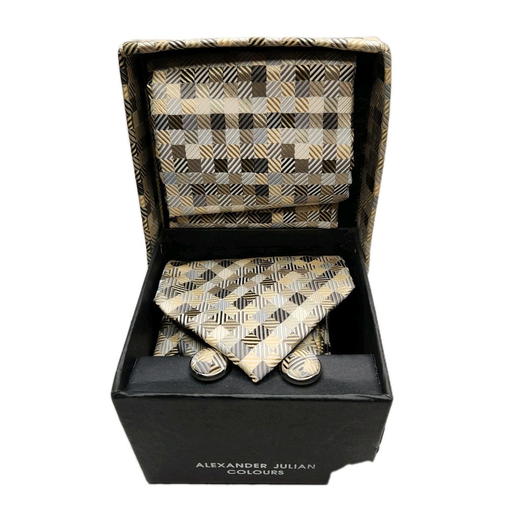 Alexander Julian Colours Tie Hanky Cufflink Cuff Link Matching Gift Set Gold